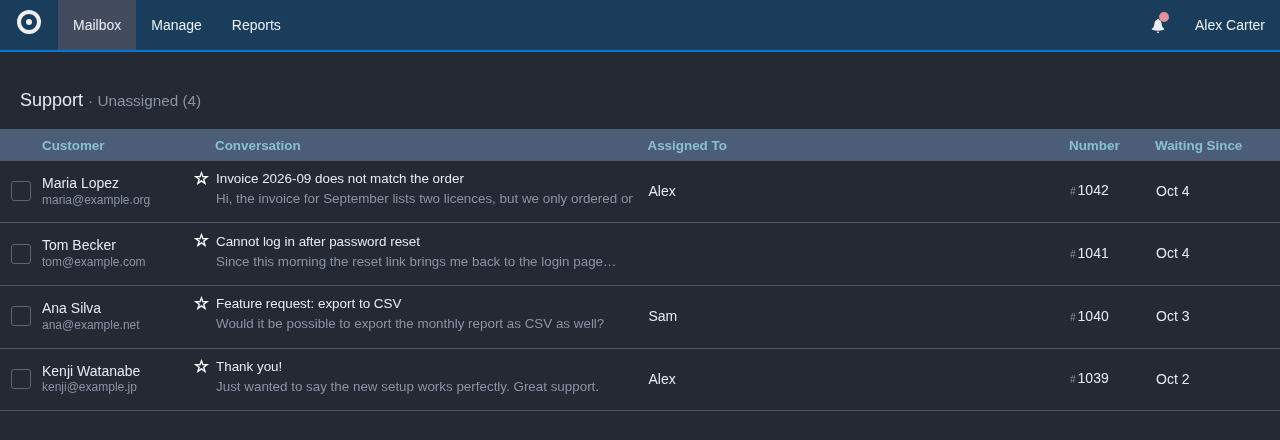 FreeScout conversation list in the Nord dark theme
