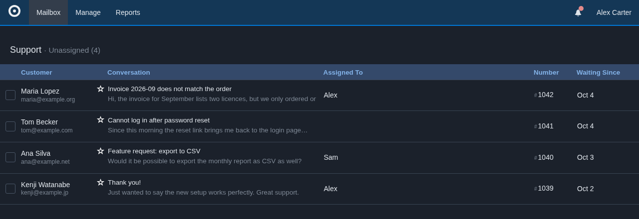 FreeScout conversation list in the Slate dark theme