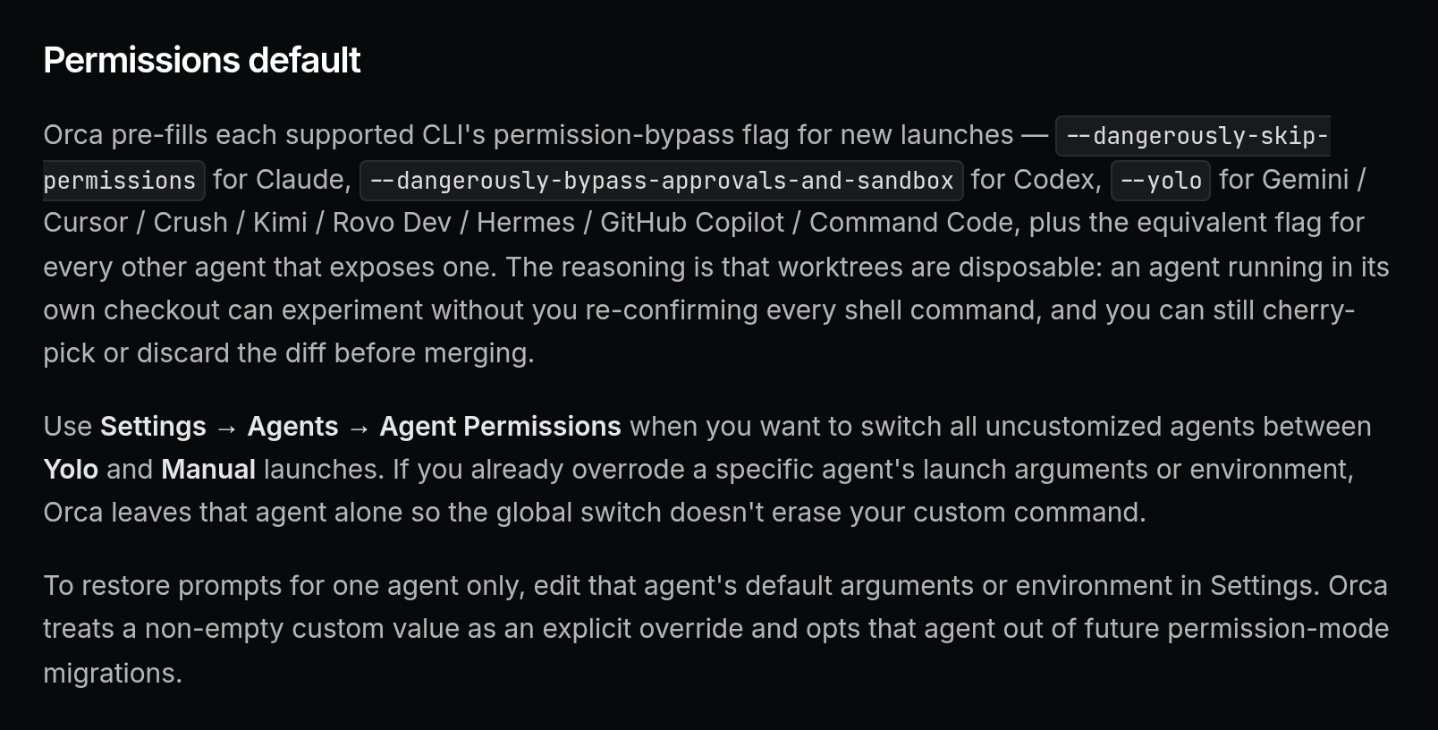 Orca docs section titled Permissions default, listing the permission-bypass flags Orca pre-fills for each agent