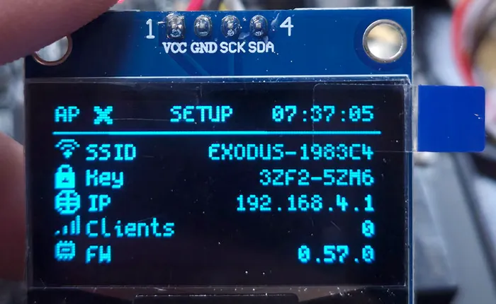 Small status display in setup mode showing its own access point details