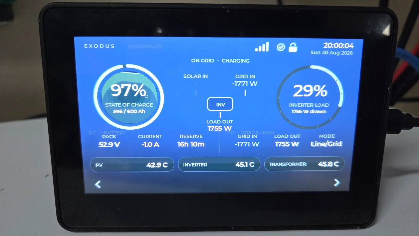 VIGIL touch panel showing battery state of charge, grid input, load and inverter temperatures