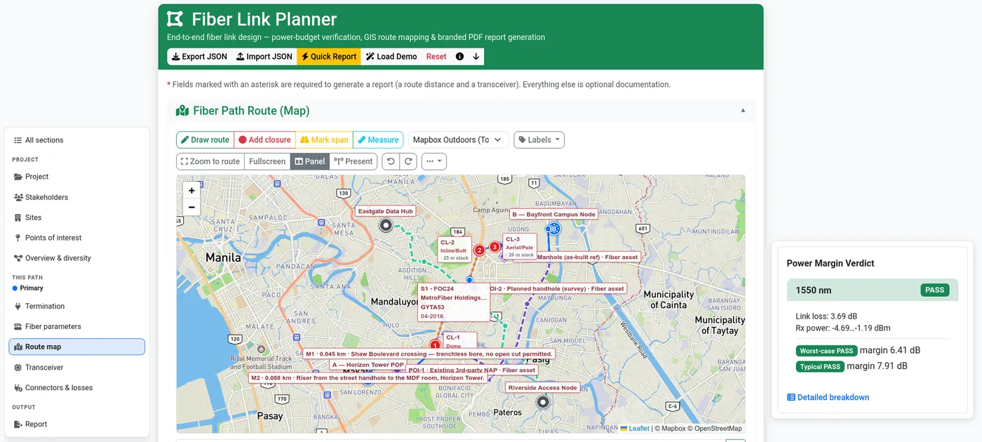 Fiber-Calc link planner with a mapped route through Metro Manila and its power margin verdict